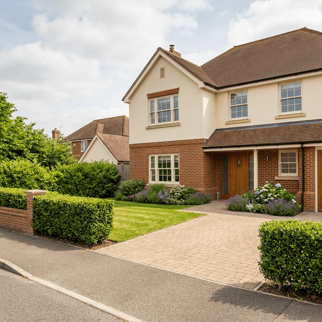 Premium UK suburban home exterior with clean driveway and subtle flowers