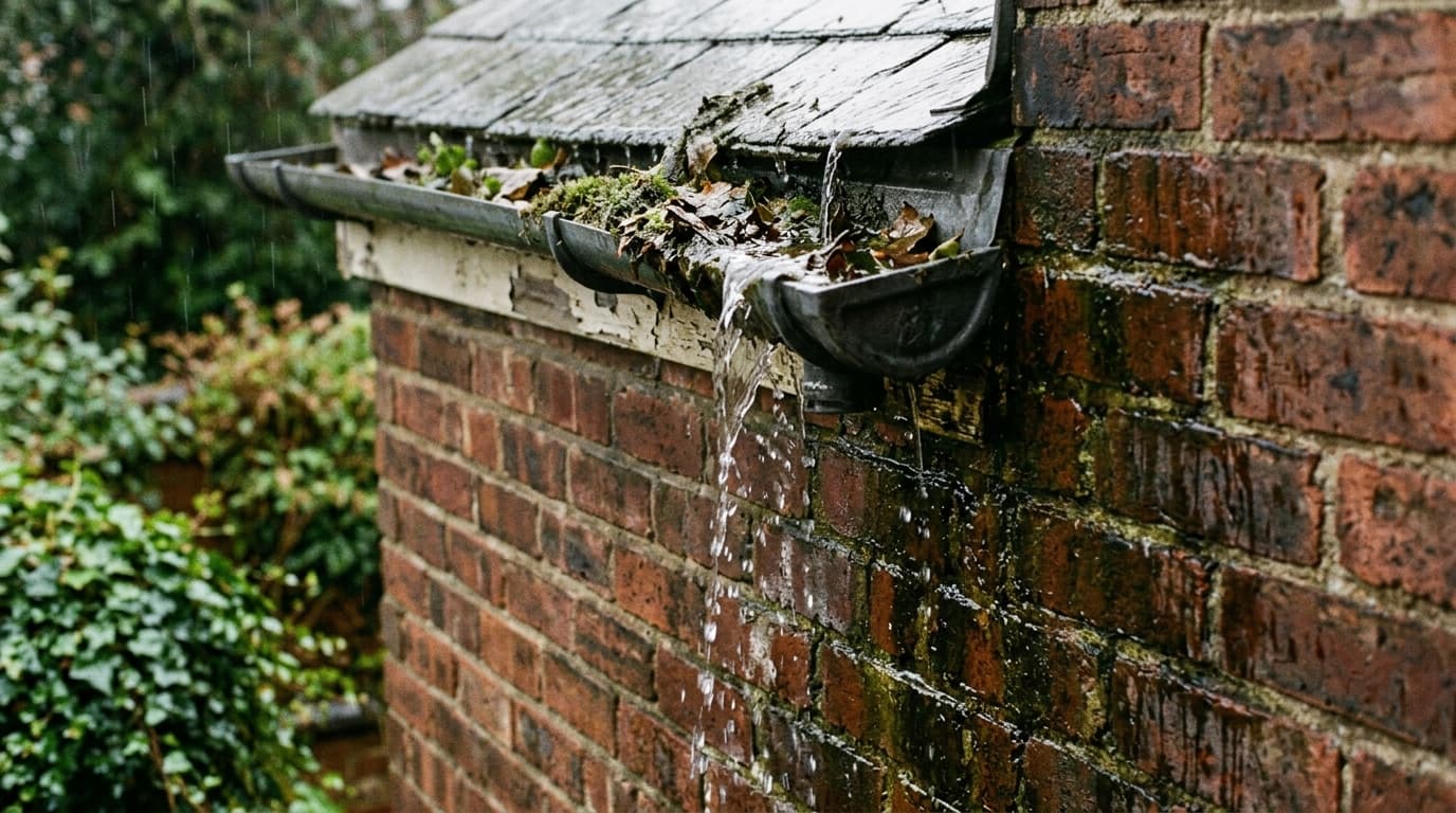 Overflowing residential roof gutter causing damp down external brickwork